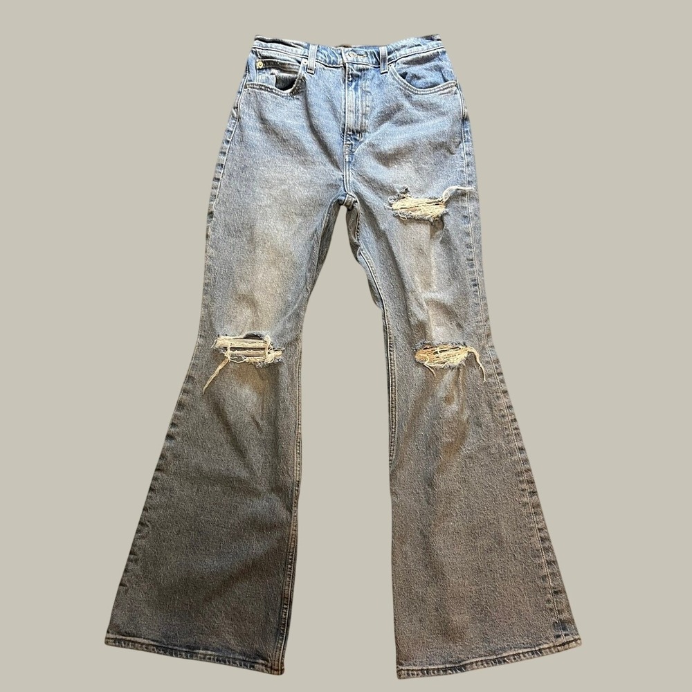 Levis Premium 70s High Flare Jeans Light Wash Distressed 26x30 Bell Bottoms